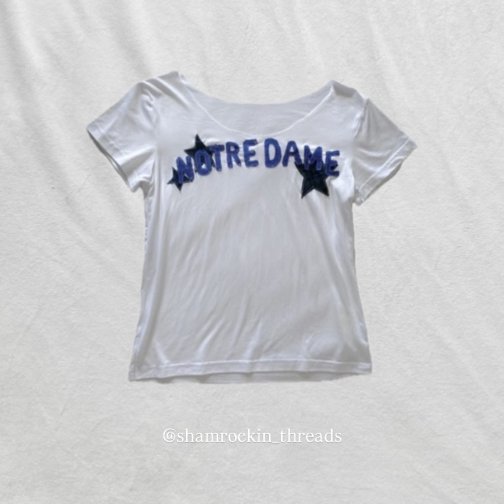 White Notre Dame quilted patchwork reworked Short Sleeve Tee